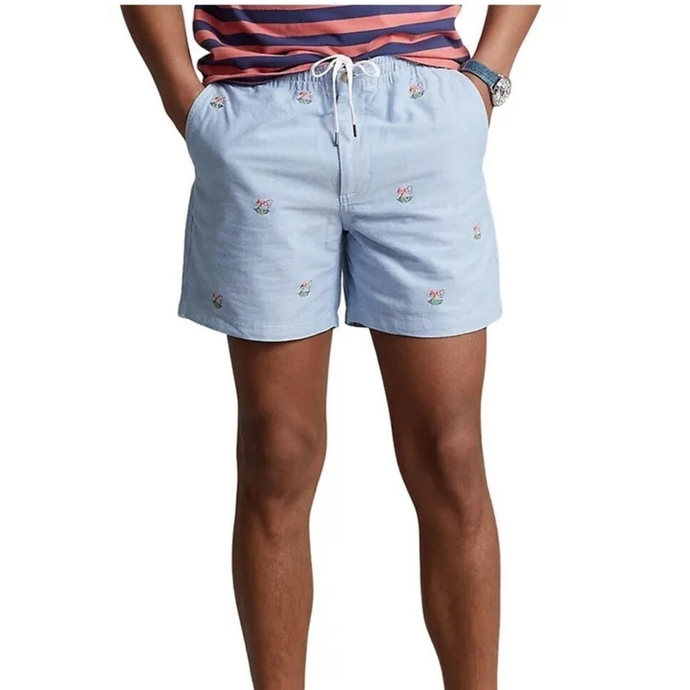 RALPH LAUREN POLO Oxford Flat Front Flamingo Logo Shorts Sz L 6" NWT MSRP $125
